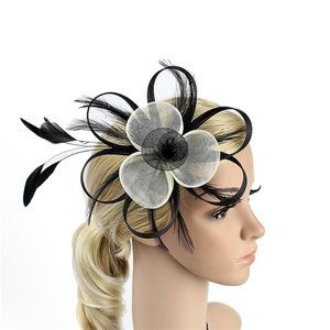Black and Ivory Floral Feather Fascinator Headband